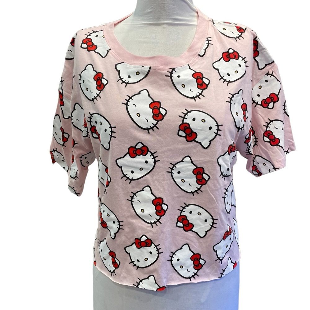 HELLO KITTY All Over Print Raw Hem Cropped Top, Sz L